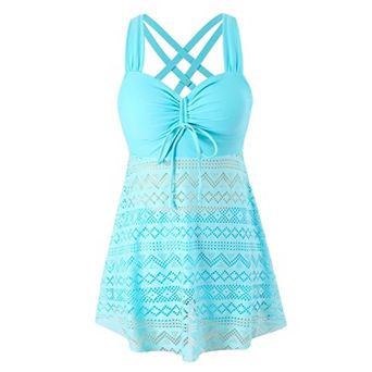 Women Plus Size Two Piece Flowy Swimsuits Swim Dress with Shorts Tummy Control Bathing Suits