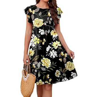 Womens Summer Dress Ruffle Sleeve Crew Neck Floral Casual Loose Flowy Beach Dress
