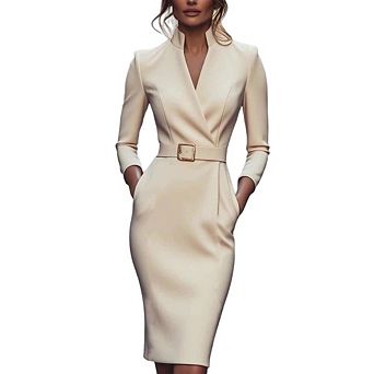 Women's Elegant V Neck Bodycon Midi Dress Long Sleeve Belted Wrap Front Business Work Sheath Dress