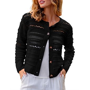 Womens Long Sleeve Button Up Cardigan Hollow Out Cable Knit Crew Neck Button Down Sweaters