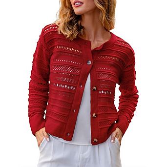 Womens Long Sleeve Button Up Cardigan Hollow Out Cable Knit Crew Neck Button Down Sweaters