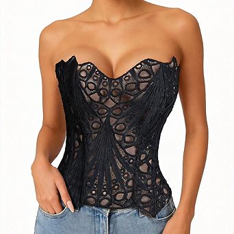 Women's Color Block Strapless Corset Bustier Top Lace Up Overbust Corset Shapewear Body Shaper