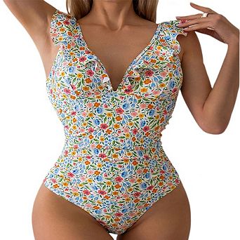 Women's Ruffled One-Piece Swimsuit with V-Neck Lace-Up Detail