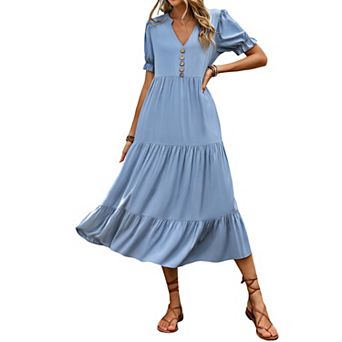 Women's Summer Maxi Dress with Puff Sleeves & Tiered Ruffle Skirt V-Neck Pleated Flowy Dress