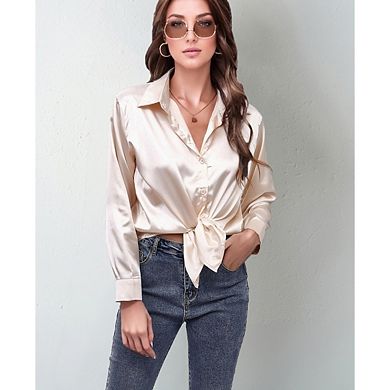 Women Satin Button Down Shirts Long Sleeve Blouses