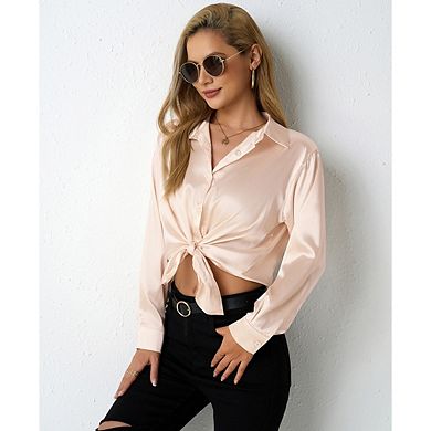 Women Satin Button Down Shirts Long Sleeve Blouses