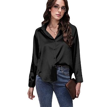 Women Satin Button Down Shirts Long Sleeve Blouses