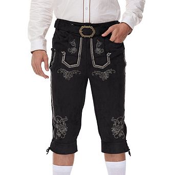 Men's Faux Suede Belted Capri Pants Fitted Embroidery Detail Pants Oktoberfest Beer Festival