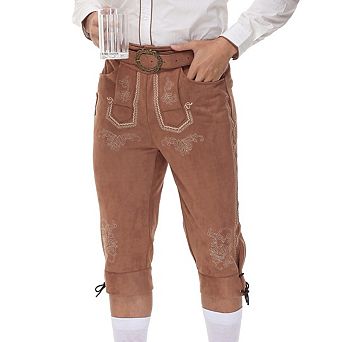 Men's Faux Suede Belted Capri Pants Fitted Embroidery Detail Pants Oktoberfest Beer Festival