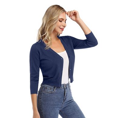 Women's Causal 3/4 Sleeve Open Front Cropped Cardigan Sweater Lightweight Knit Short Shrugs