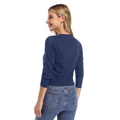 Women's Causal 3/4 Sleeve Open Front Cropped Cardigan Sweater Lightweight Knit Short Shrugs