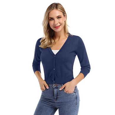 Women's Causal 3/4 Sleeve Open Front Cropped Cardigan Sweater Lightweight Knit Short Shrugs