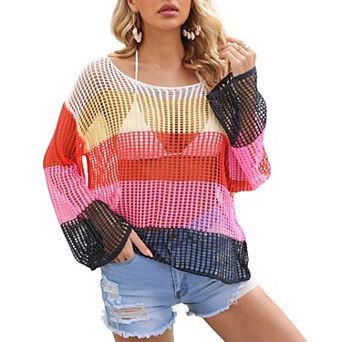 Women Rainbow Stripe Hollow Out Crochet Knit Cover Up Shirt Long Sleeve Beach Swim Summer Casual Top