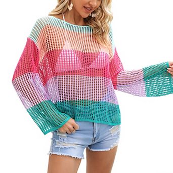 Women Rainbow Stripe Hollow Out Crochet Knit Cover Up Shirt Long Sleeve Beach Swim Summer Casual Top