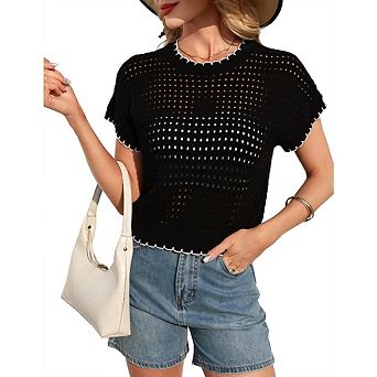 Crochet Cap-Sleeve Pullover Sweater Cute Spring & Summer Beach Vacation Top