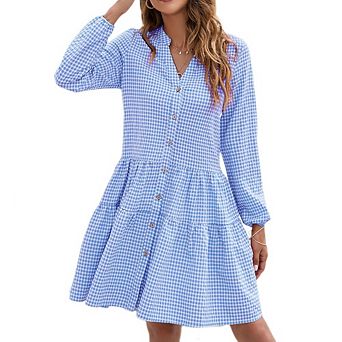 Womens Casual Midi Dress Long Sleeve V-Neck High Waist Tiered Formal Dresses