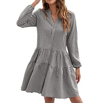 Womens Casual Midi Dress Long Sleeve V-Neck High Waist Tiered Formal Dresses