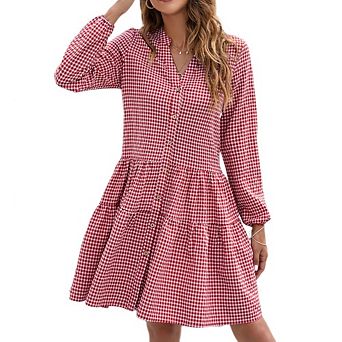 Womens Casual Midi Dress Long Sleeve V-Neck High Waist Tiered Formal Dresses