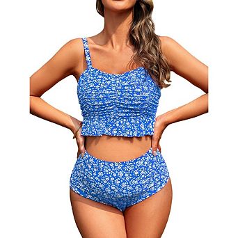 Women's Ruffle Bikini Swimsuits V Neck High Waisted 2 pc Bathing Suits