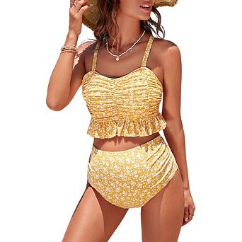 Women's Ruffle Bikini Swimsuits V Neck High Waisted 2 pc Bathing Suits