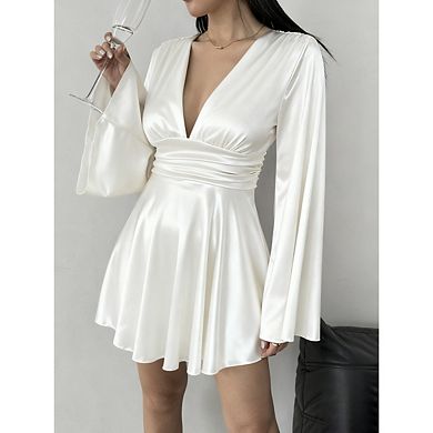 Women's V Neck Long Sleeve Satin Silk Dresses Solid Color Elegant Flowy Party Dress