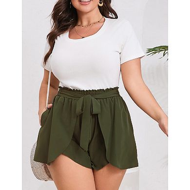 Women's Plus Size Drawstring Elastic Waist Shorts Oversized High Waisted Shorts with Irregular Hem