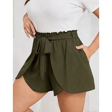 Women's Plus Size Drawstring Elastic Waist Shorts Oversized High Waisted Shorts with Irregular Hem