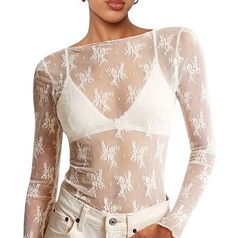 Womens Mesh Long Sleeve Tops Crew Neck See Through Lace Tee Shirts