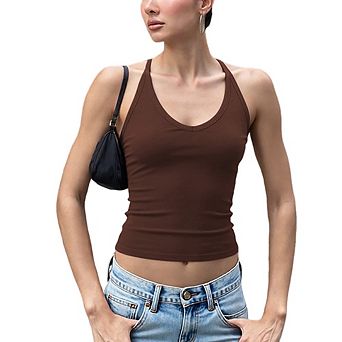 Women's Tie Halter Tops Backless Scoop Neck Double Lined Basic Summer Outfits