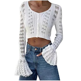 Y2K Crochet Crop Top Cardigan Bell Sleeve Hollow-Out Button V-Neck Shrug Sweater for Summer