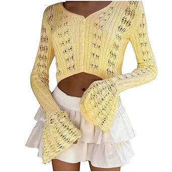 Y2K Crochet Crop Top Cardigan Bell Sleeve Hollow-Out Button V-Neck Shrug Sweater for Summer