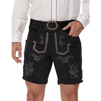Men's Faux Suede Lederhosen Shorts with Belt Buckle Embroidery Oktoberfest Bavarian Costume Shorts