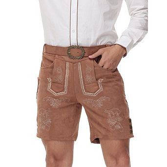 Men's Faux Suede Lederhosen Shorts with Belt Buckle Embroidery Oktoberfest Bavarian Costume Shorts