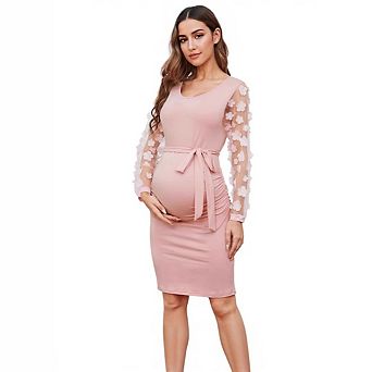 Floral Mesh Maternity Bodycon Dress with Bishop Long Sleeves Baby Shower Midi Dress