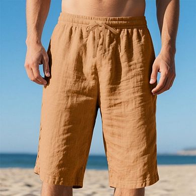 Men's Linen Casual Classic Short Drawstring Elastic Waist Shorts With Pockets