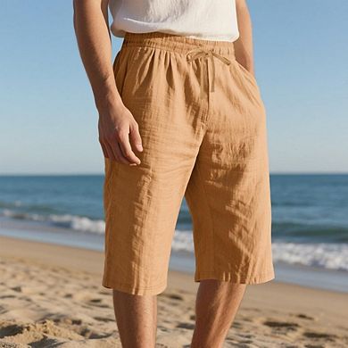 Men's Linen Casual Classic Short Drawstring Elastic Waist Shorts With Pockets