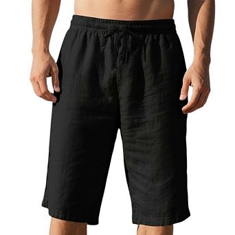Men's Linen Casual Classic Short Drawstring Elastic Waist Shorts With Pockets