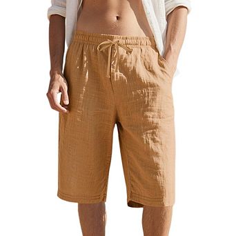 Men's Linen Casual Classic Short Drawstring Elastic Waist Shorts With Pockets