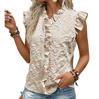 Women Tops Cute Ruffle Cap Sleeve V Neck Textured Floral Jacquard Blouses Daily Work Shirts