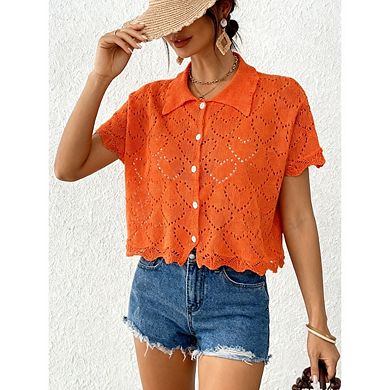 Women's Short Sleeve V-Neck Button up Lightweight Hollow Out Sweater Cardigans Shrug