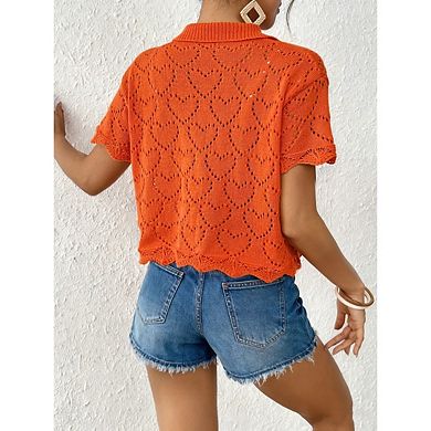 Women's Short Sleeve V-Neck Button up Lightweight Hollow Out Sweater Cardigans Shrug