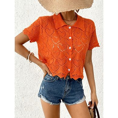 Women's Short Sleeve V-Neck Button up Lightweight Hollow Out Sweater Cardigans Shrug