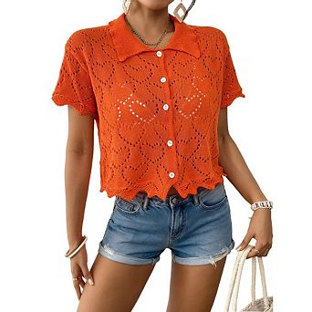 Women's Short Sleeve V-Neck Button up Lightweight Hollow Out Sweater Cardigans Shrug