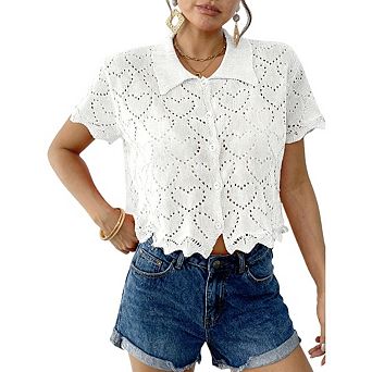 Women's Short Sleeve V-Neck Button up Lightweight Hollow Out Sweater Cardigans Shrug
