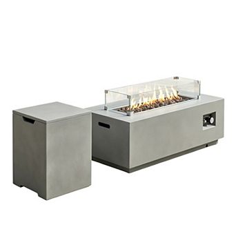 Eazegath 42" Outdoor Rectangular Steel Propane Fire Pit Table with Glass Wind Guard and Tank Cover