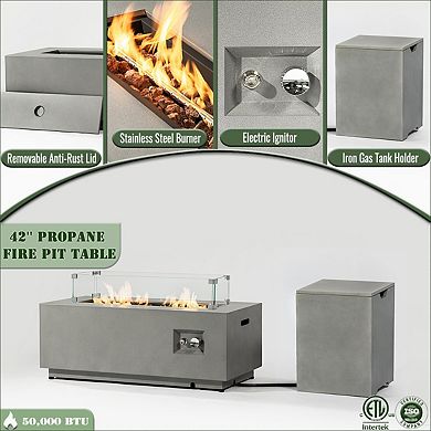 Eazegath 42" Outdoor Rectangular Steel Propane Fire Pit Table with Glass Wind Guard and Tank Cover