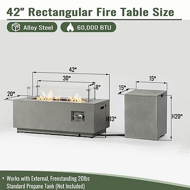 Eazegath 42" Outdoor Rectangular Steel Propane Fire Pit Table with Glass Wind Guard and Tank Cover