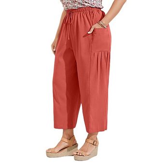 Plus Size Womens Wide Leg Pants Elastic Waist Casual Loose Drawstring Vacation Pants with Pockets
