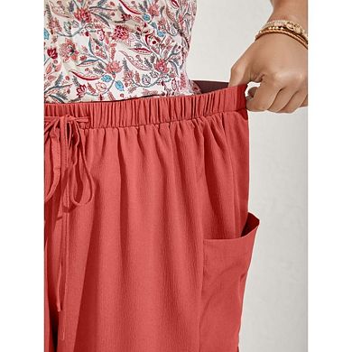 Plus Size Womens Wide Leg Pants Elastic Waist Casual Loose Drawstring Vacation Pants with Pockets