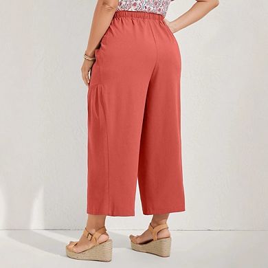 Plus Size Womens Wide Leg Pants Elastic Waist Casual Loose Drawstring Vacation Pants with Pockets